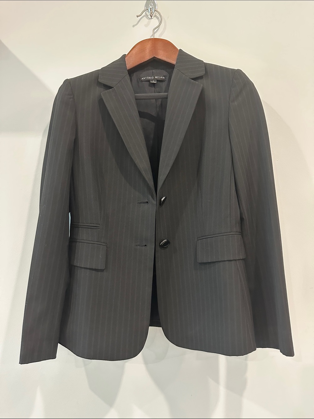 ANTONIO MELANI Black Pinstripe Two-Button Blazer
